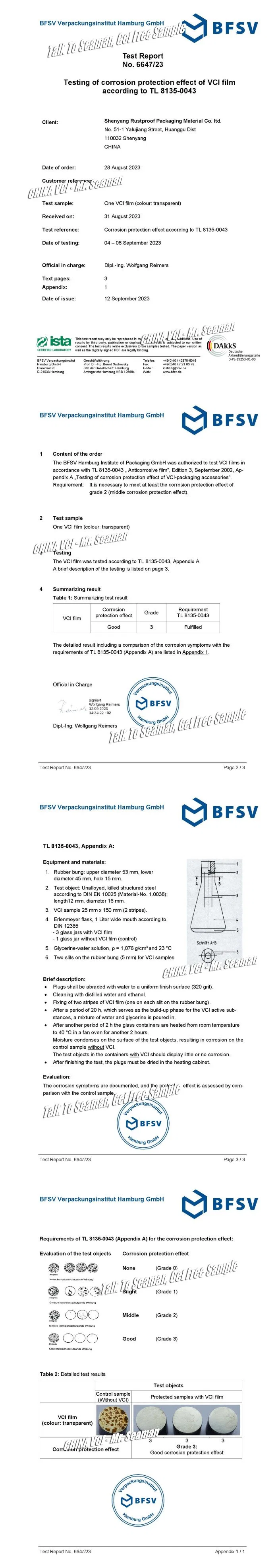 Germany Local Test TL-8135 Passed, &amp; Volkswagen Approval Process for Vci Materials Evaluation Qualified Supplier Cvci Shenyang Rustproof Vci Masterbatch