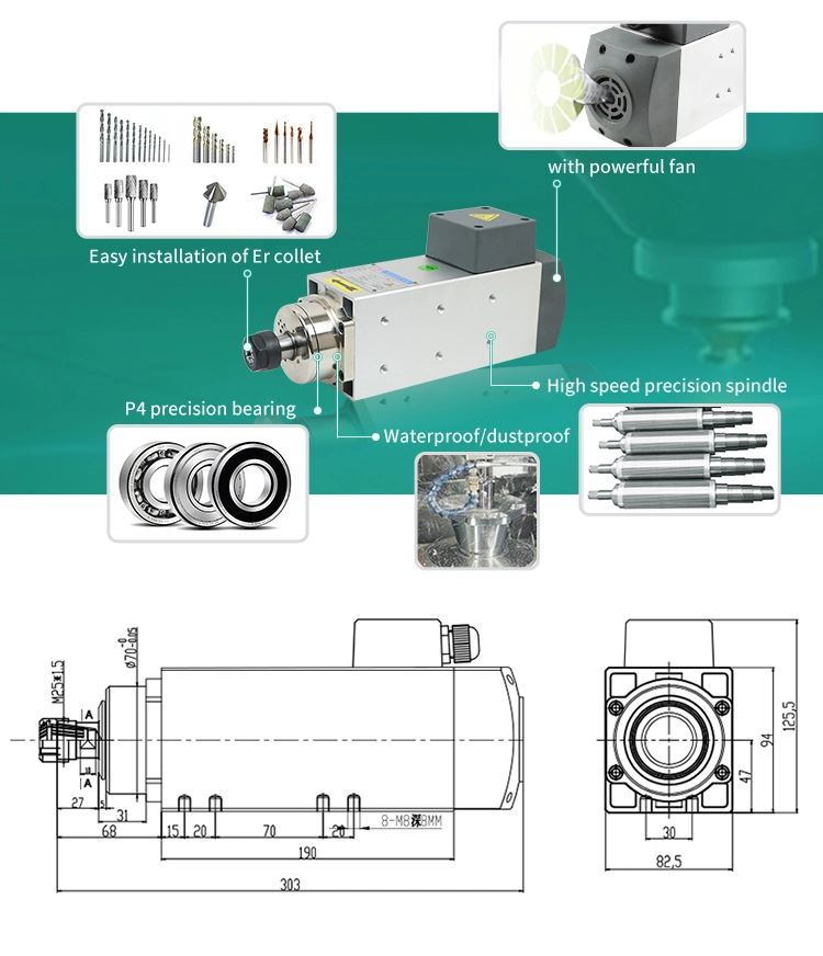 High Performance CNC Machine Air-Cooled 220V 380V Er20 2.2kw Automatic Engraving Spindle