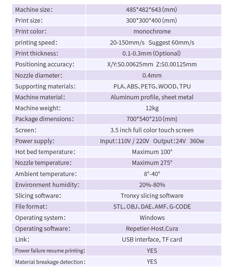 High-Precision Large-Size Fast Installation DIY Kit Fdm 3D Printer Printing Size 300*300*400mm