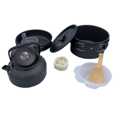 3 in 1 Alumina Outdoor Pot Pan Kettle Camping Cookware Kit Hiking Picnic Self-Driving Folding Cooking Pot Tableware Teapot Set Ci24340