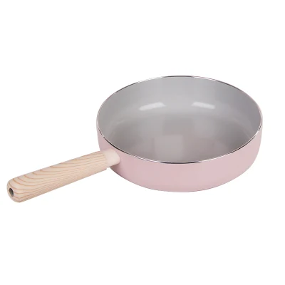 Pink Cookware Factory Wood Bakelite Handle Deep Fry Pan Stockpot Pan Set with Induction Bottom