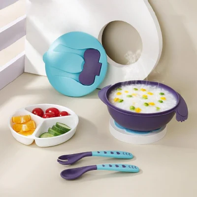 Wholesale Stock Feeding Spoon Set Baby Training Suction Bowls with Dispenser Lattice