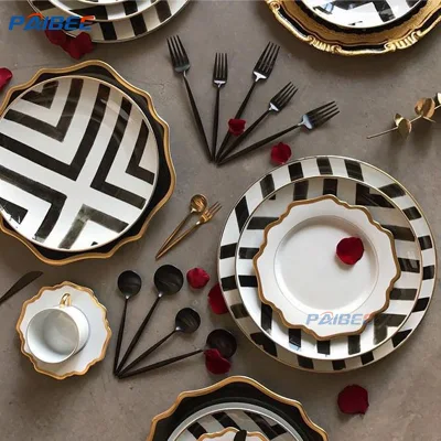 Paibee Cross Road Vintage Dinnerware Ceramic Black and White Fine Bone China Plates Sets