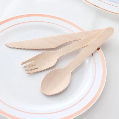 Factory Direct Wooden Cutlery Disposable Wood Cutlery Tableware Spoon Fork Knife Napkin Set