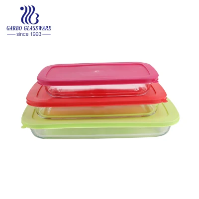 Wholesale High Borosilicate Rectangle Microwave Oven Bake Oven Safe Glass Baking Dish Square Bakeware with Customize Design Pattern Colored Plastic Lid