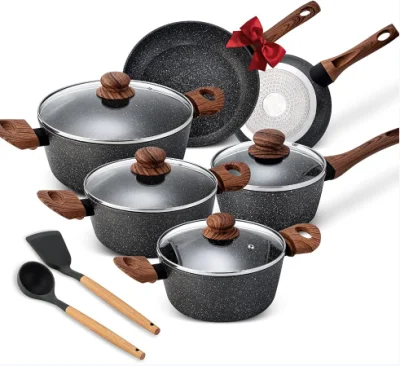 Wholesale 10PCS Aluminum Nonstick Cookware Set Home Kitchenware Cooking Kitchen Cooking Pot with Glass Lid Heat Resistant Marble Coating