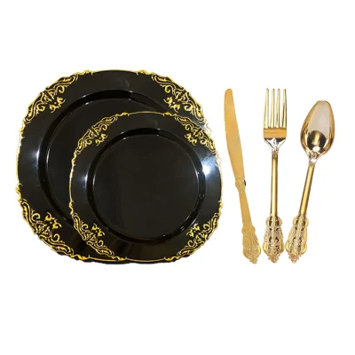 Reusable Plastic Party Cutlery Set Tableware Charger Plastic Black Gold Cutlery Set with Plate for Wedding