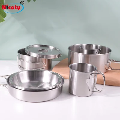 Factory Kitchenware Stackable Cookware Portable Camping Equipment Outdoor Camping Pot Bowl Cup 8-Piece Set Non-Stick Mess Kit Camping Cookware