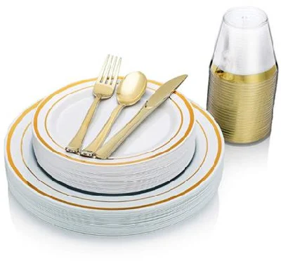 Best Price Wholesale Gold Disposable Plastic Tableware Set for Wedding