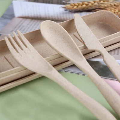 4 PCS Portable Wheat Straw Cutlery Spoon Knife Fork Tableware Set for Kids Adult Travel Picnic Camping