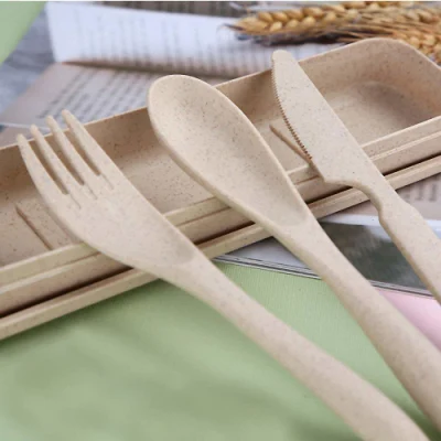  4 PCS Portable Wheat Straw Cutlery Spoon Knife Fork Tableware Set for Kids Adult Travel Picnic Camping