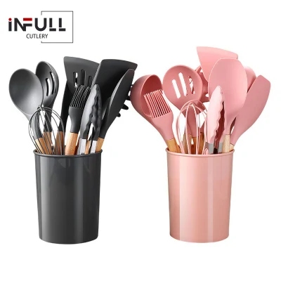 12PCS Silicone Cooking Utensils Set Kitchenware Non Stick with Wodden Handle