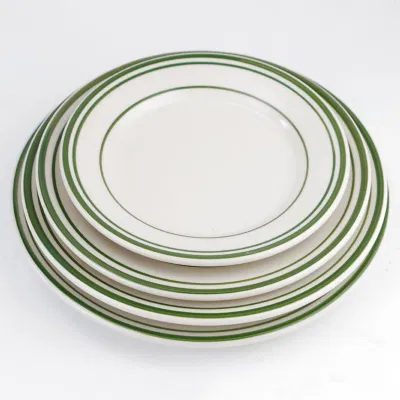 Hot Sale Hand-Painted Green Line Ceramic Stoneware Dinnerware Set for Restaurant Hotel Use Dishwasher Microwaveoven Safe.