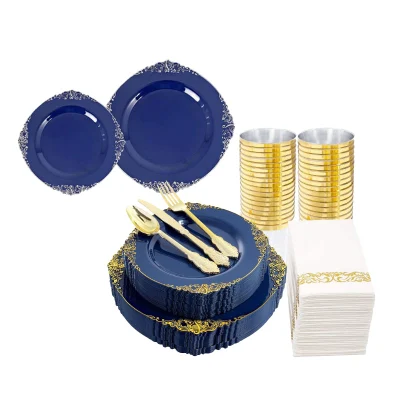 Custom Logo Tableware Plates Napkin Cup Set Plastic Dinnerware Set Navy Blue Party Plates and Cups and Napkins Sets