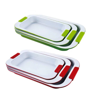 Carbon Steel Non-Stick Bakeware Baking Trays Cake Pan Sets with Red Silicone Handrails
