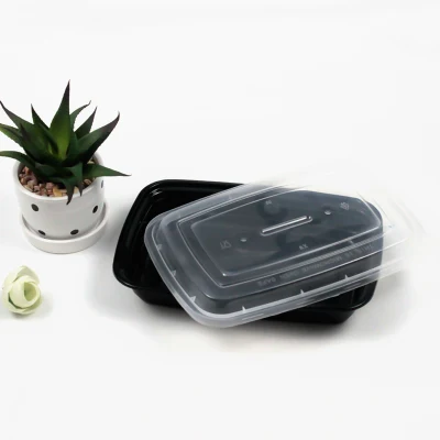 Takeaway Wholesale Disposable Plastic Tableware 900ml PP Plastic Black Box with Lid Custom