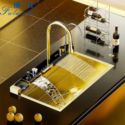  Wash Basin Handmade Kitchen Sink Undermount Sink Double Bowl Stainless Steel Gold Single Bowl with Trash Can