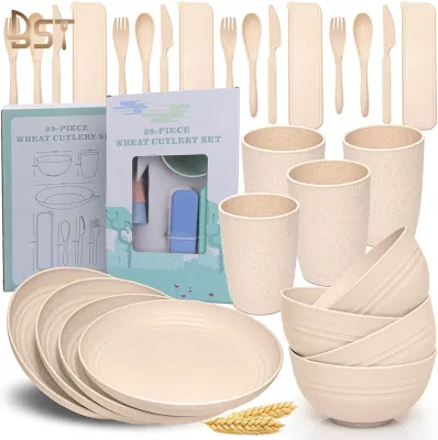 4 PCS Wheat Straw Cookware Sets Eco Dishes Biodegradable Dinner Plates Kids Dinnerware Sets with Dishes & Plate Dinner Platess