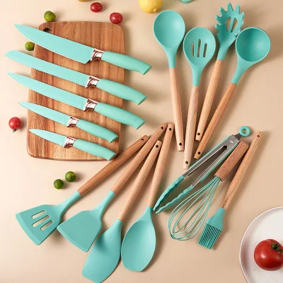 Nonstick Non Scratch Silicone Kitchen Utensils Cookware Set with Wooden Handles