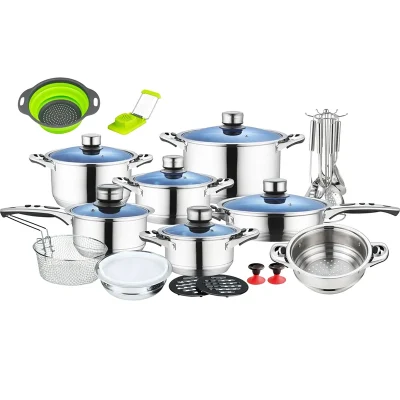 50PCS Stainless Steel Induction Cookware Sets for Home Use Factory Wholesale Cheap Kitchenware Blue Glass Lid Cooking Pot Fry Pan