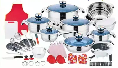 Wholesale Hot Kitchen Equipment Tools Cooking Frypan Saucepan Stock Pot Steamer Stainless Steel 54PCS Cookware Set