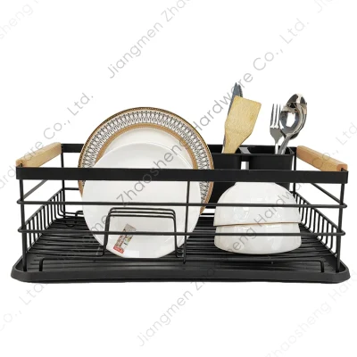 Kitchen Cabinet Sink Organizer Plate Drying Dish Drainer Rack with Bamboo Handle