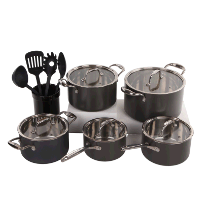 15PCS Hard Anodized Pan and Pot Aluminum Golden PPG Nonstick Cookwares with Nylon Tools