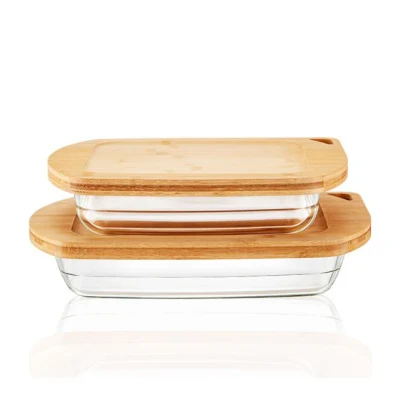 Good Quality Rectangular Baking Pan Food Container Bakeware with Bamboo Wood Lid