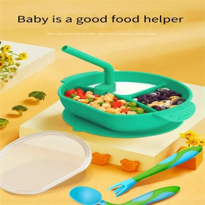 Baby Plate Partition Suction Cup Bowl Spoon Eating Side Food Drink Soup Silicone Gel Straw Bowl