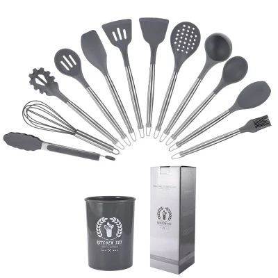 Wholesale Cheap 12PCS Cookware Non Stick Silicone Black Kitchen Utensils Set with Stainless Steel Handle