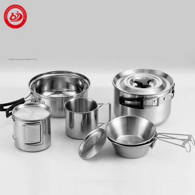 Wholesale Camping Accessory Outdoor Mess Kit Stainless Steel Pots and Pans Cookware Set with Kettle