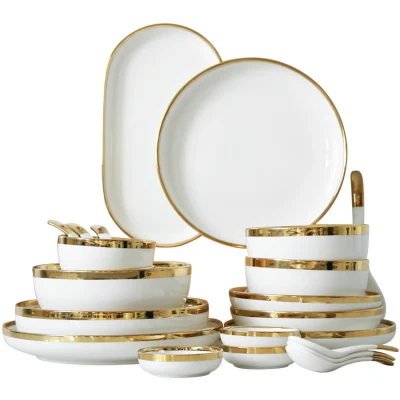Nordic Gold Rim Best Ceramic Dishes & Plates Pearl White Porcelain Vs Ceramic Dinnerware Sets for Dinner