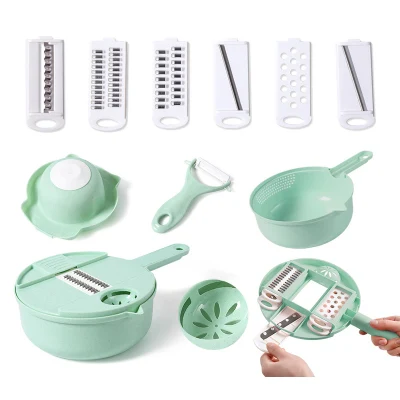 Round Wheat Straw Multifunctional 12-Piece Kitchen Shredded Vegetable Tool