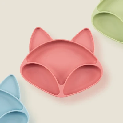 Cute Little Fox Silicone Compartmentalised Dinner Plate with Suction Cup Baby Silicone Complementary Food Bowl