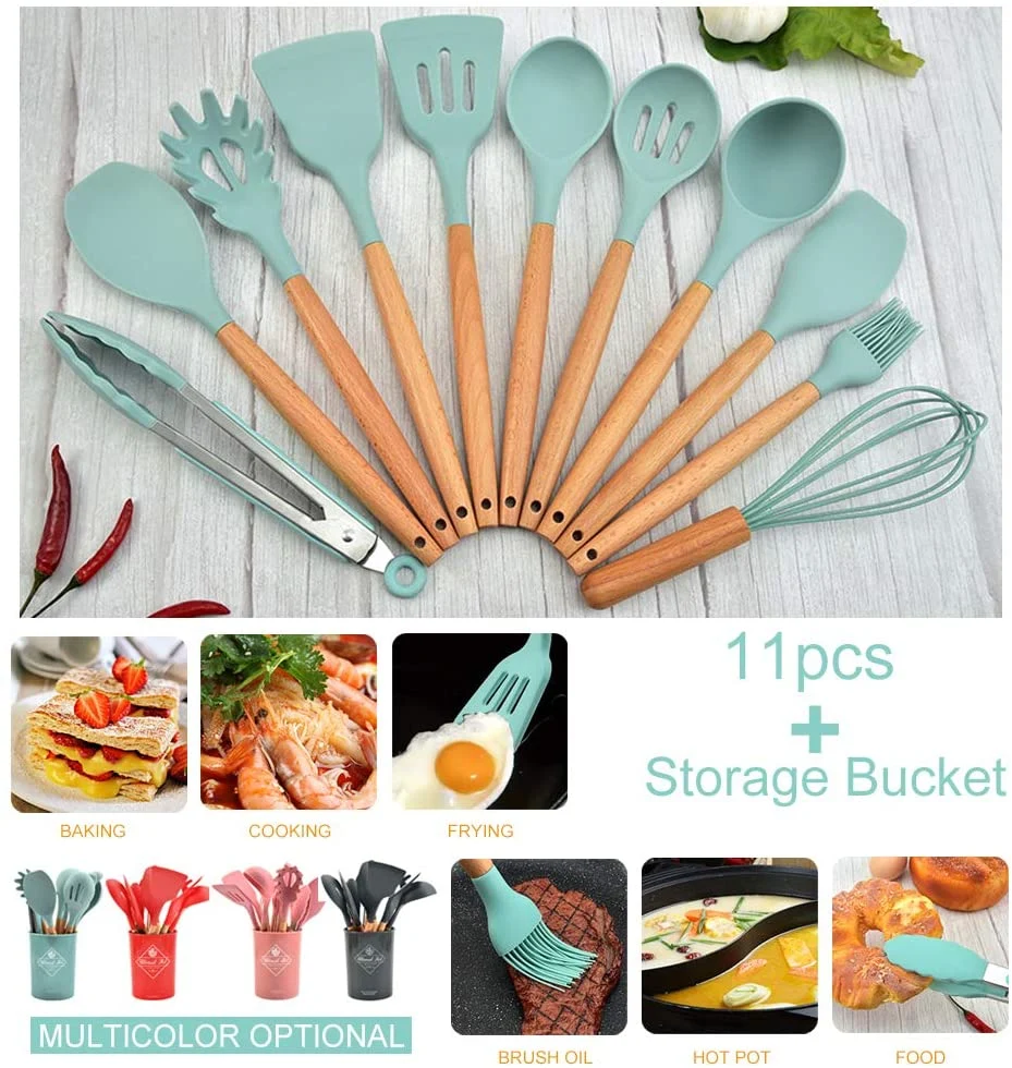 12 PCS Reusable Silicone Cooking Stainless Steel Camping Kitchen Utensil