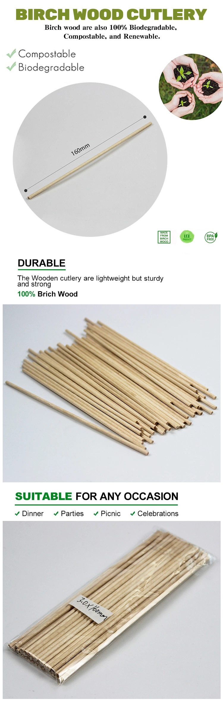 Eco-Friendly Disposable Wooden Tableware 160mm Length Birch Wood Rod for Party