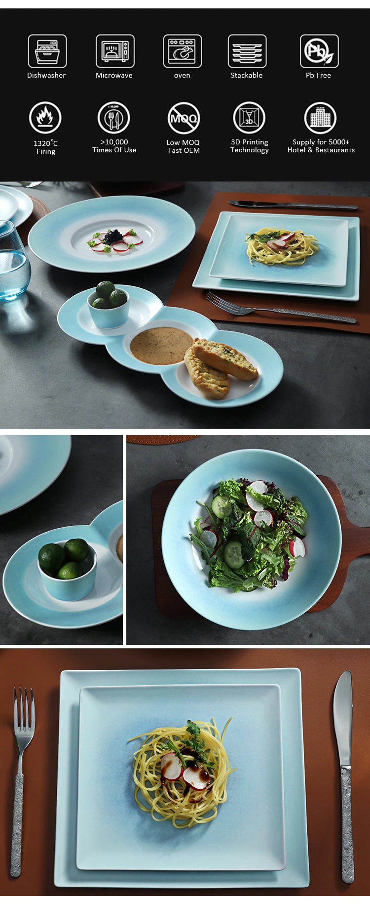 Restaurant Crockery Dinner Plate Blue Stoneware Dinnerware 12&quot; Christmas Tableware for Banquet