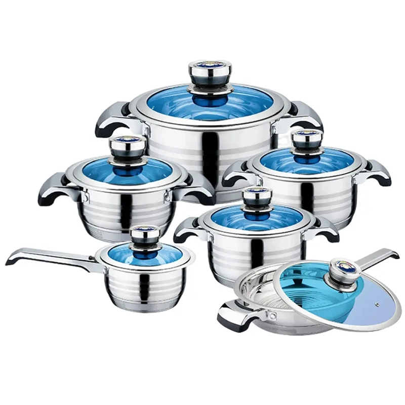 Multifunction 12PCS Stainless Steel Cooking Pot with Blue Glass Lid Casserole Frying Pan Cookware Set