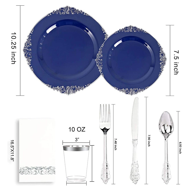 Custom Logo Tableware Plates Napkin Cup Set Plastic Dinnerware Set Navy Blue Party Plates and Cups and Napkins Sets