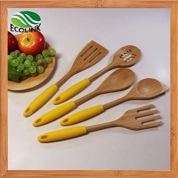 Colorful Silicone Handle Bamboo Cooking Spoon Kitchen Utensil Tools Set