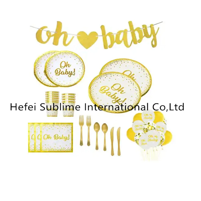 Glitter Paper Cups Plates Fork Knife Disposable Tableware Set with Oh Baby Banner for Welcome Baby Shower Party Decor Supplies