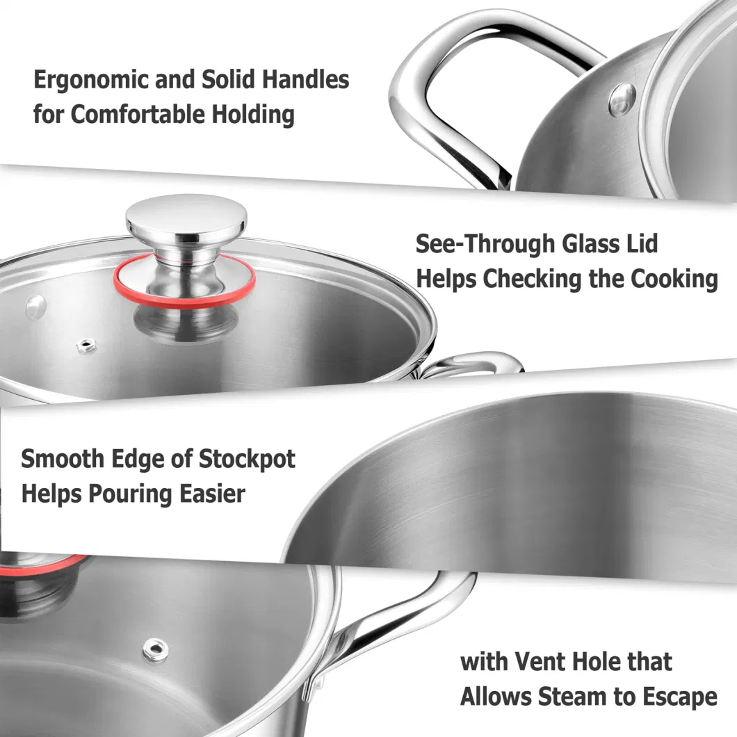 Cookware 5 Quart Stock Pot Stainless Steel Pasta Soup Glass Lid Pot