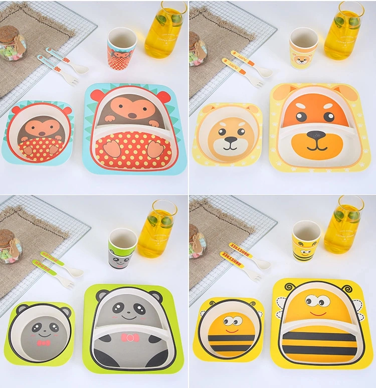 Dinnerware Tableware 5 PCS Modern Kids Feeding Bamboo Fiber Tableware Set