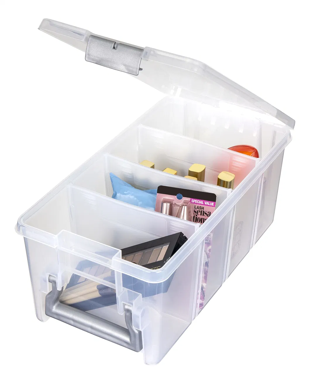 Semi Satchel with Removable Dividers Stackable Home Storage Organization Container Clear with Sliver Latches and Handle