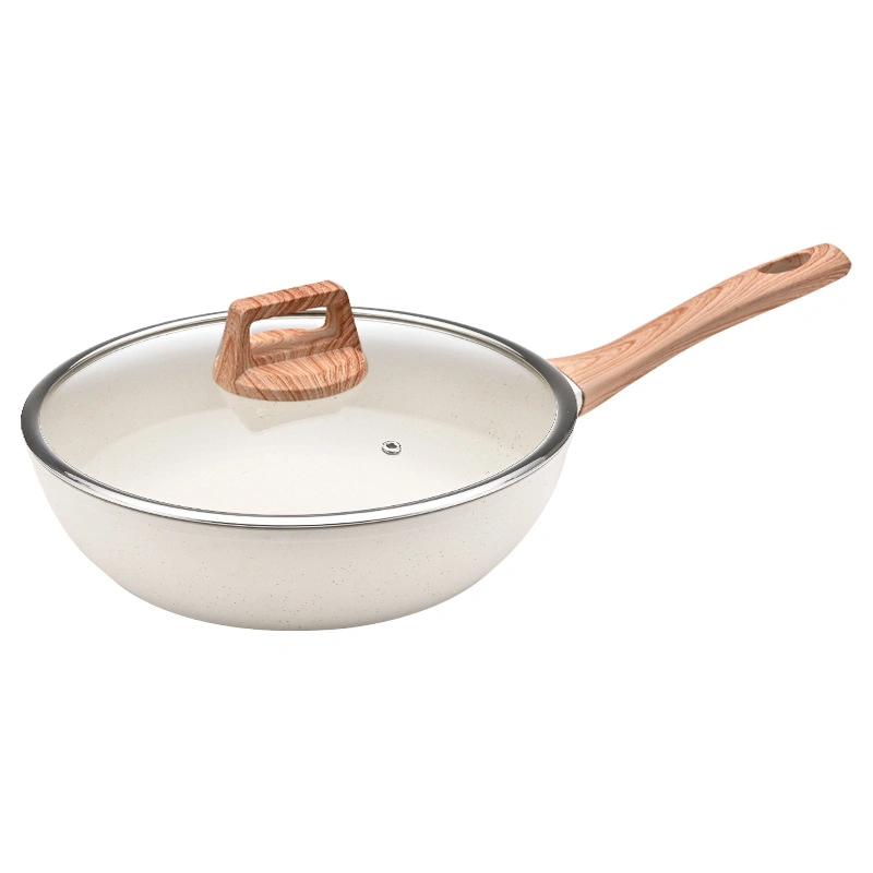 Factory Wholesale 12PCS Cooking Pot Marble White Non Stick Cooking Aluminium Cookware Set Wooden Handle