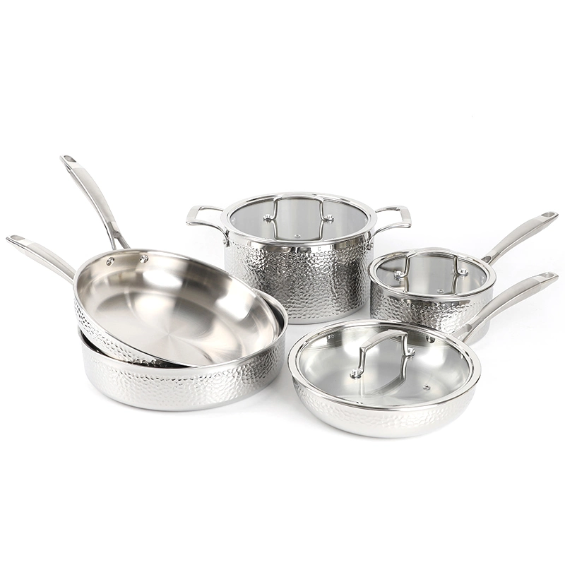 Custom High Quality 6 PCS Tri-Ply Stainless Steel Pots and Pan Hammered Cookware Set