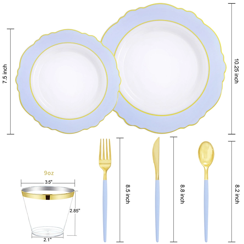 Party Supplies Plastic Tableware Set Blue Charger Plates Plastic Sets Gold Cutlery Set with Plate for Wedding