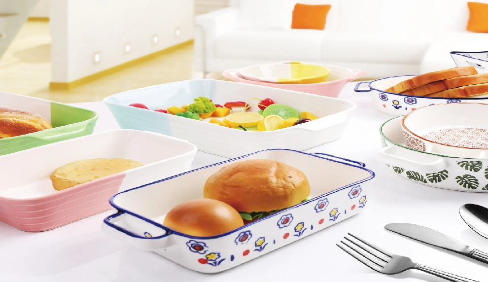 Customized Pink Color Ceramic Bakeware for Kitchent and porcelain Baking Tray Accept to Ovenware