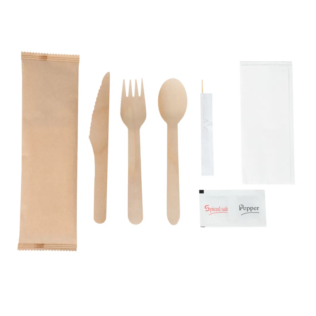 Factory Direct Wooden Cutlery Disposable Wood Cutlery Tableware Spoon Fork Knife Napkin Set