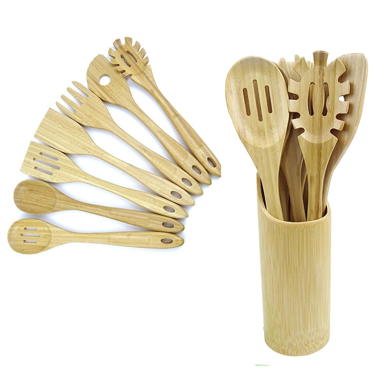 8PCS Custom Bamboo Nonstick Kitchen Natural Teak Wooden Utensils Set with Spatula for Cooking